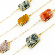 Multi Agate Rectangular Shape Bezel Gold Plated Connected Wire Chain